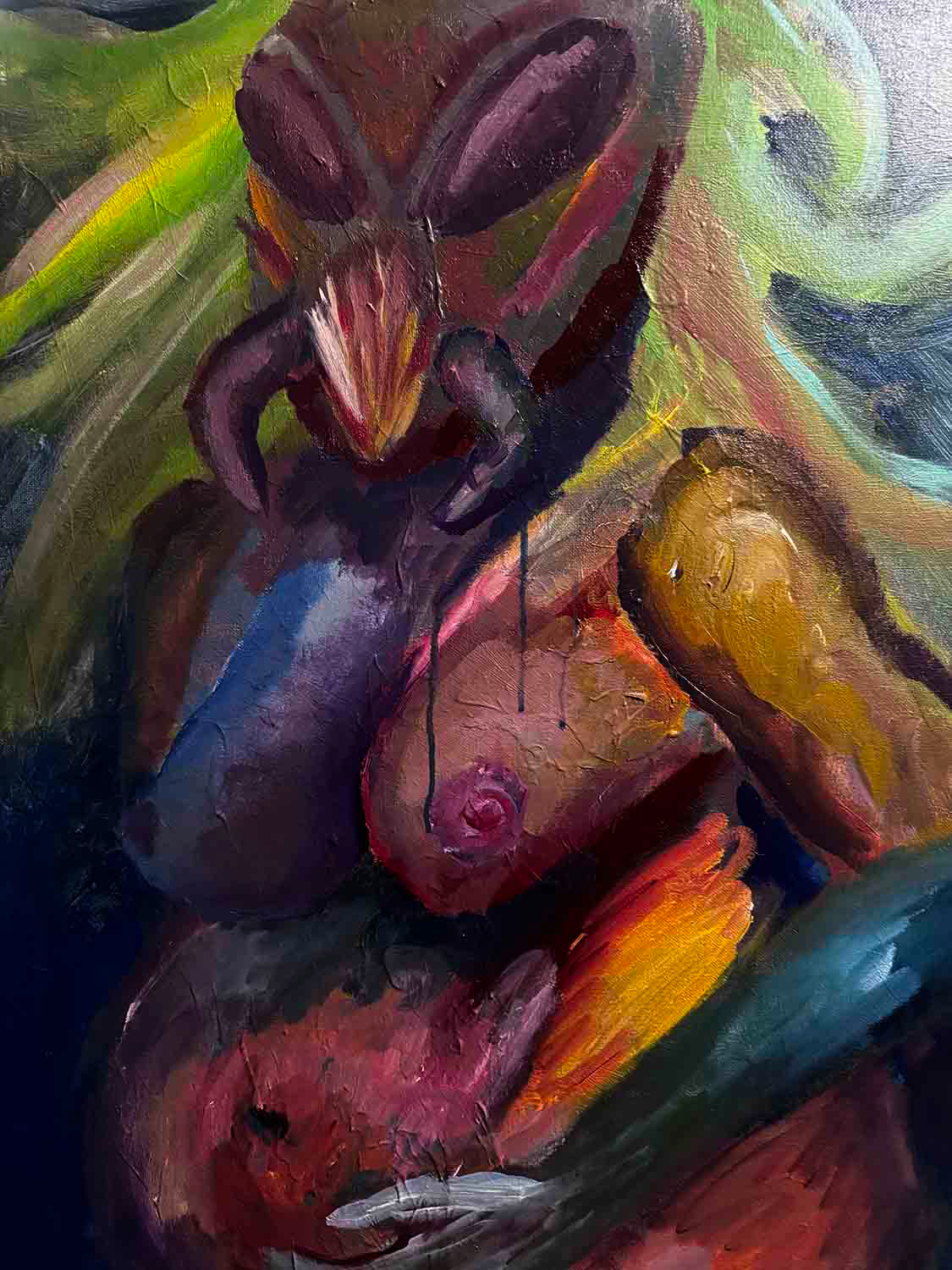 painting of a pregnant woman with a bug face